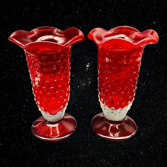 Vintage Set of 2 Art Glass Hand Blown Ruby Red Hobnail Bud Vases 6”T 3.75”W - Picture 3 of 11